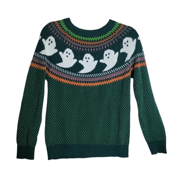 Modcloth Sweaters - ModCloth Womens Green Ghost Fair Isle Halloween Cotton Knit Sweater Small